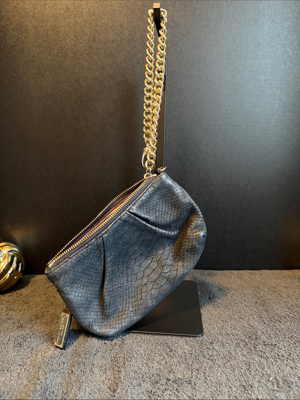 henri bendel Black Textured Leather Wristlet with Gold Chain Strap
